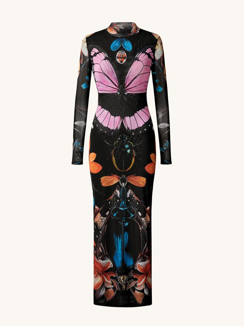 Mehrlagiges Mesh-Kleid mit transparentem Schmetterlings- und Käferdesign – Mehrfarbig