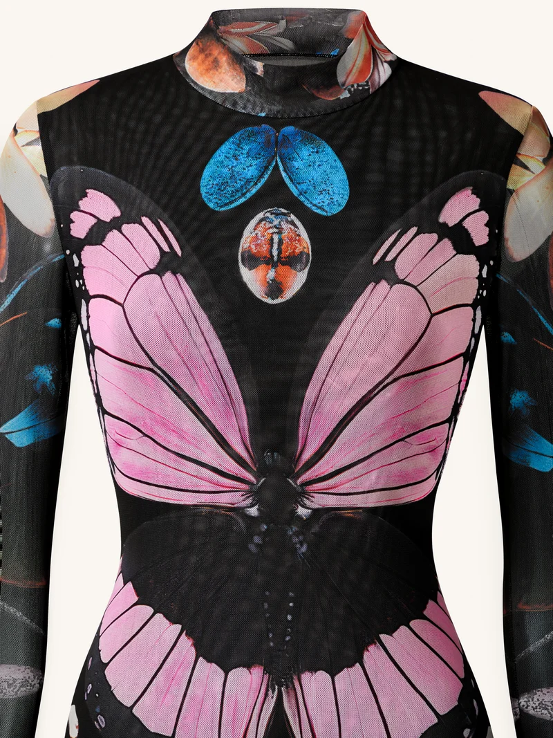 Mehrlagiges Mesh-Kleid mit transparentem Schmetterlings- und Käferdesign – Mehrfarbig
