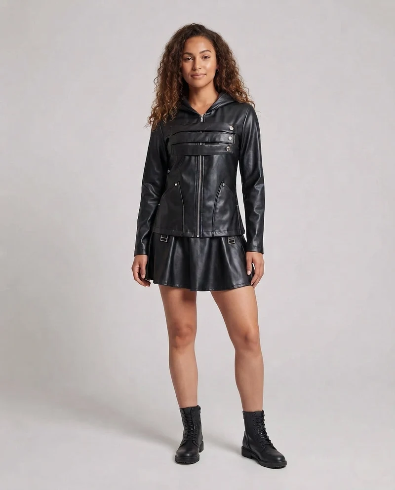Damen Kunstlederjacke mit abnehmbarem Rock und praktischen Taschen Nord Taschen