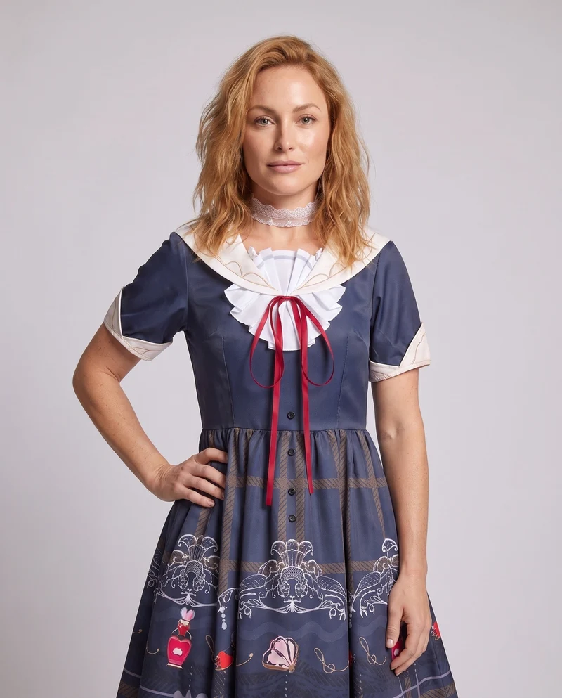 Damen verspieltes Gothic-Kleid mit eleganten Rüschendetails und kunstvollen Accessoires Nord Taschen
