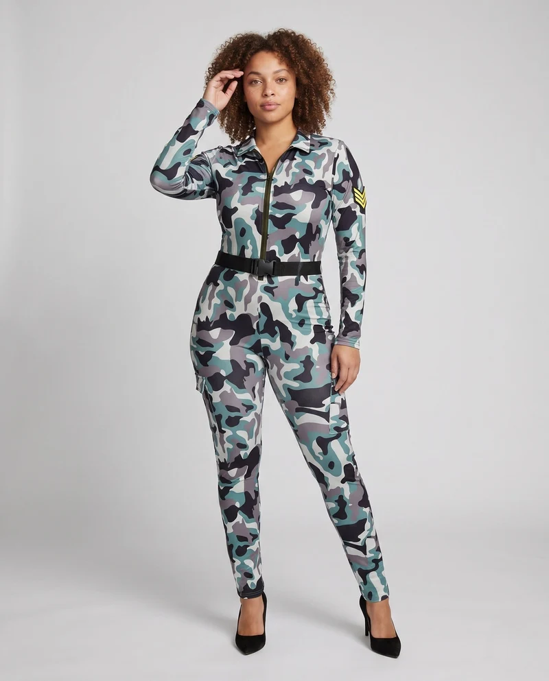 Damen Camouflage Sportanzug mit Kapuze und figurbetonter Passform Nord Taschen