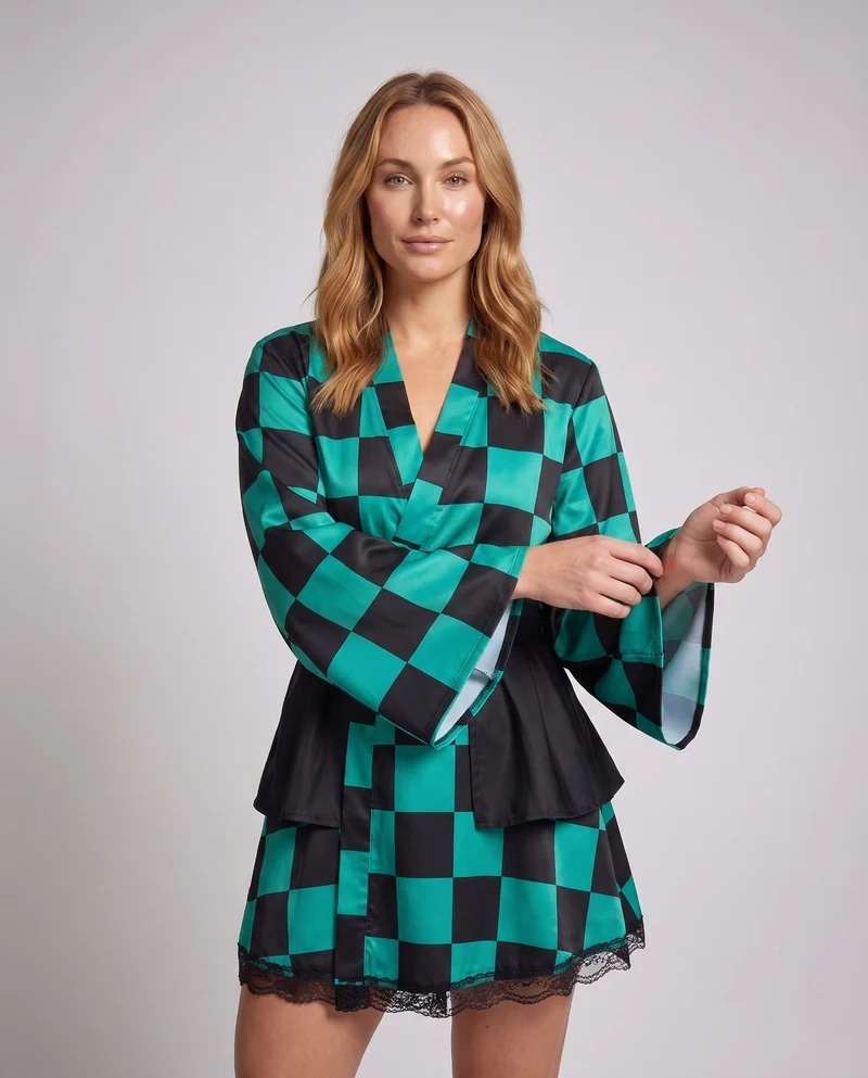 Damen Designer Kimono mit großflächigem Karomuster Nord Taschen
