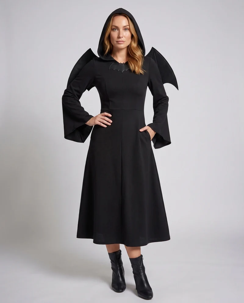 Damen elegante Hexenkleidung mit Kapuze und Fledermausdetails Nord Taschen