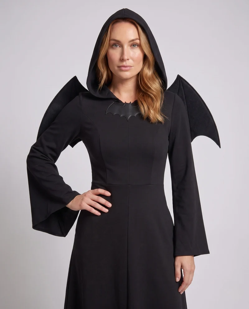 Damen elegante Hexenkleidung mit Kapuze und Fledermausdetails Nord Taschen