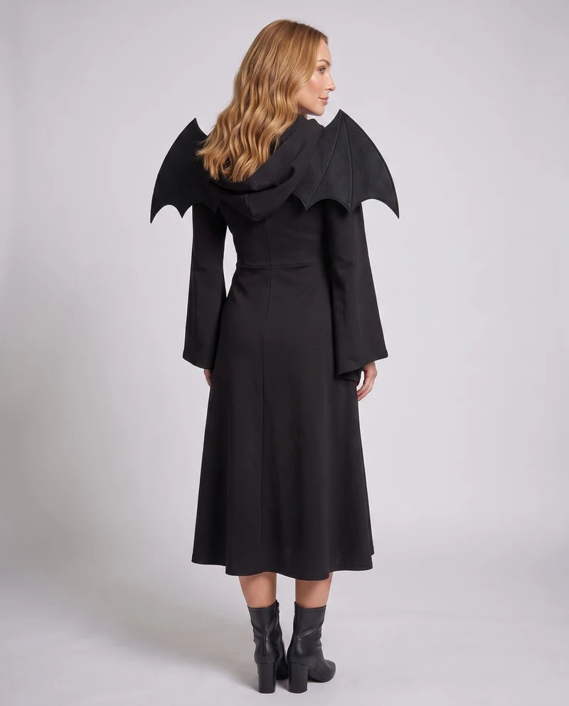 Damen elegante Hexenkleidung mit Kapuze und Fledermausdetails Nord Taschen