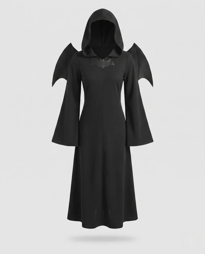 Damen elegante Hexenkleidung mit Kapuze und Fledermausdetails Nord Taschen