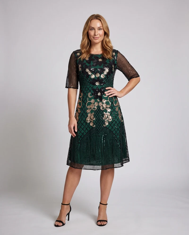 Damen Elegantes Abendkleid mit funkelnden Pailletten und floralem Design Nord Taschen