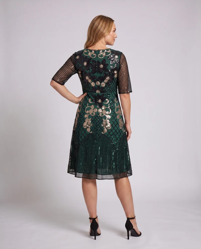Damen Elegantes Abendkleid mit funkelnden Pailletten und floralem Design Nord Taschen
