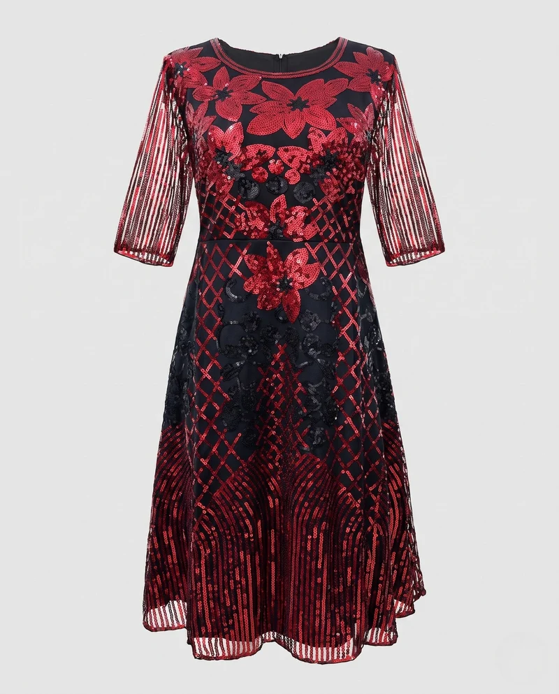 Damen Elegantes Abendkleid mit funkelnden Pailletten und floralem Design Nord Taschen