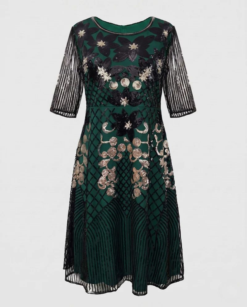 Damen Elegantes Abendkleid mit funkelnden Pailletten und floralem Design Nord Taschen