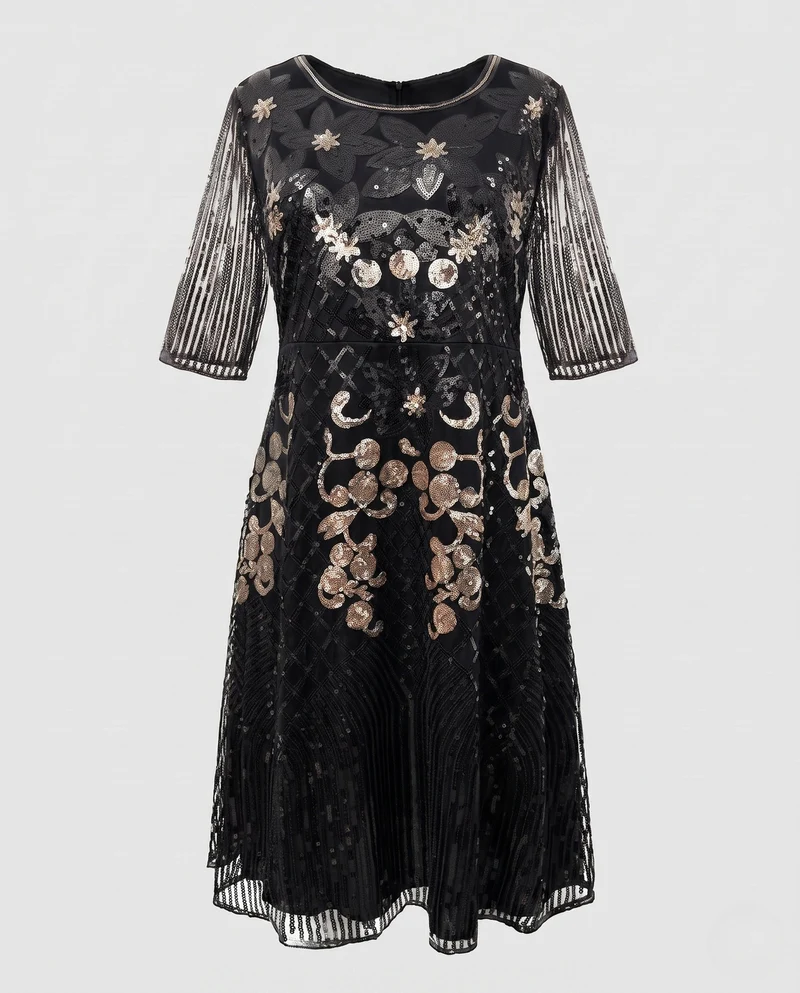 Damen Elegantes Abendkleid mit funkelnden Pailletten und floralem Design Nord Taschen