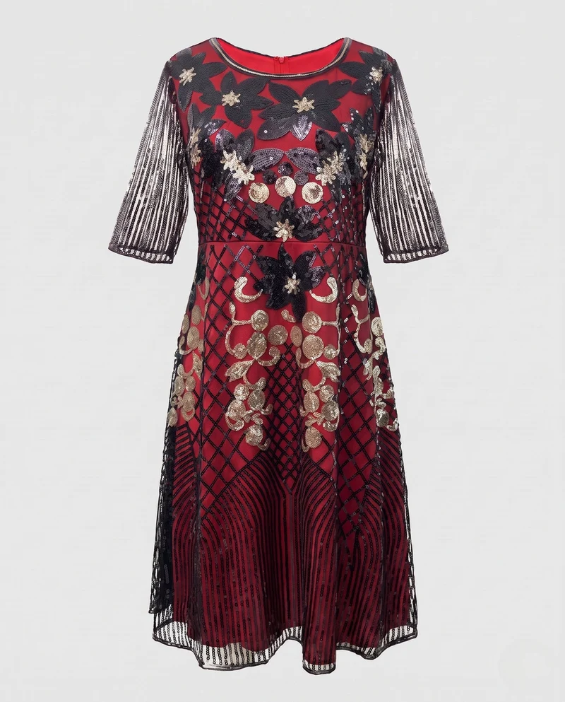 Damen Elegantes Abendkleid mit funkelnden Pailletten und floralem Design Nord Taschen