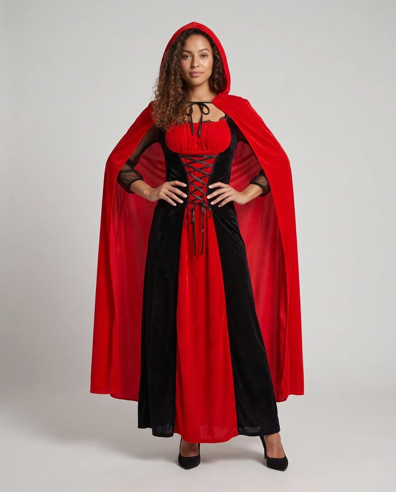 Damen Märchenhaftes Rotkäppchen-Kleid mit Kapuze und filigranen Rüschen Nord Taschen