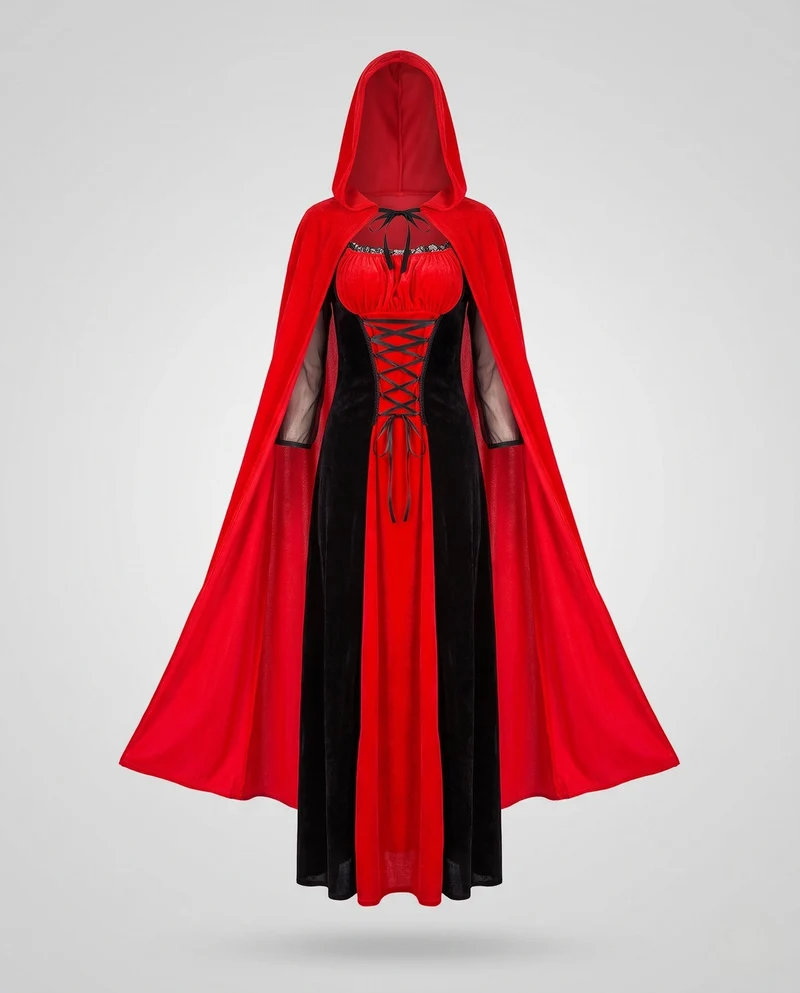 Damen Märchenhaftes Rotkäppchen-Kleid mit Kapuze und filigranen Rüschen Nord Taschen