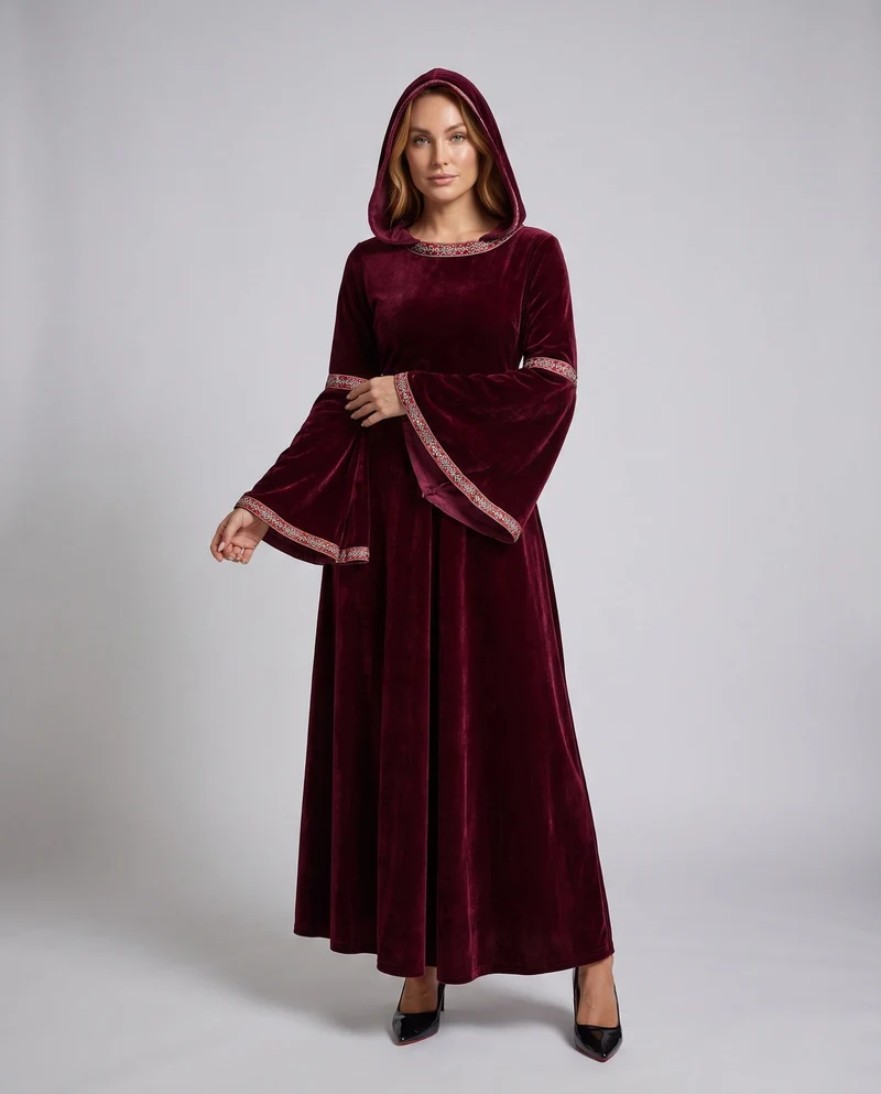 Damen Mittelalterliches Kapuzenkleid mit weiten Ärmeln Nord Taschen