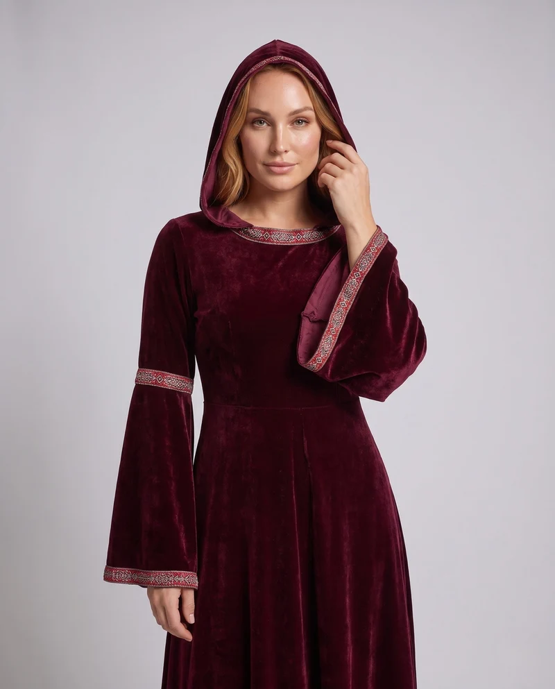Damen Mittelalterliches Kapuzenkleid mit weiten Ärmeln Nord Taschen