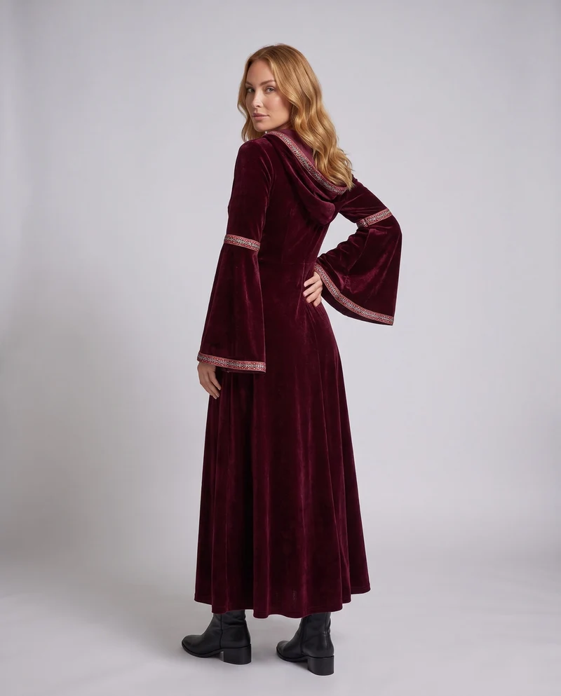Damen Mittelalterliches Kapuzenkleid mit weiten Ärmeln Nord Taschen
