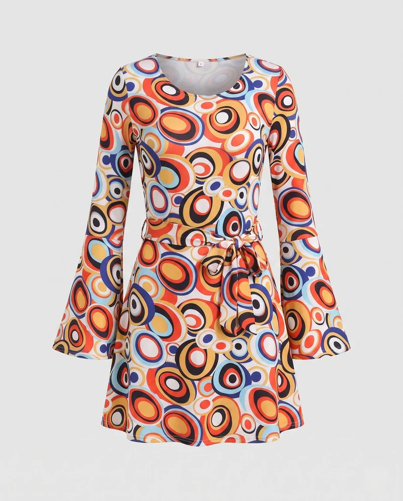 Damen Retro-Kleid mit Schlagärmeln und buntem Muster Nord Taschen