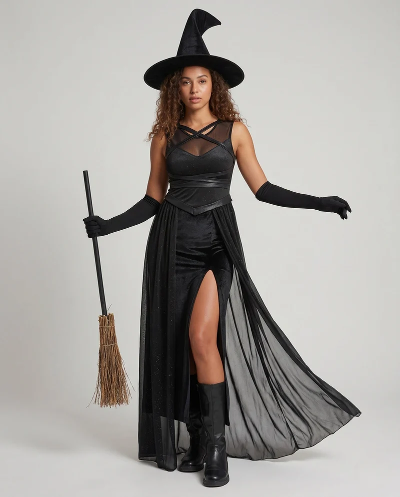 Damen schickes Hexenkleid mit langen transparenten Ärmeln Nord Taschen