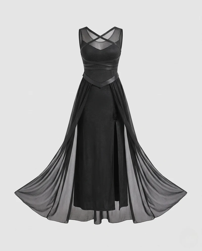 Damen schickes Hexenkleid mit langen transparenten Ärmeln Nord Taschen