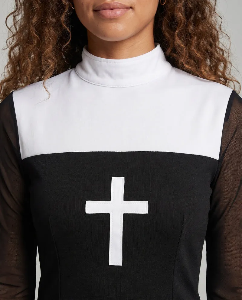 Damen sexy Nonnenkostüm mit durchsichtigen Ärmeln und zarten Kreuz-Verzierungen Nord Taschen