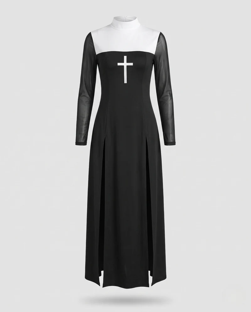 Damen sexy Nonnenkostüm mit durchsichtigen Ärmeln und zarten Kreuz-Verzierungen Nord Taschen