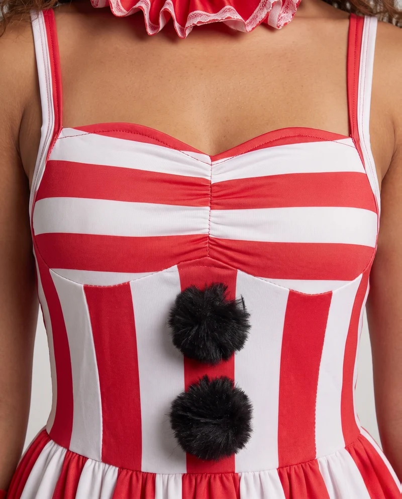 Damen Clownkostüm mit Streifen und Rüschen Nord Taschen