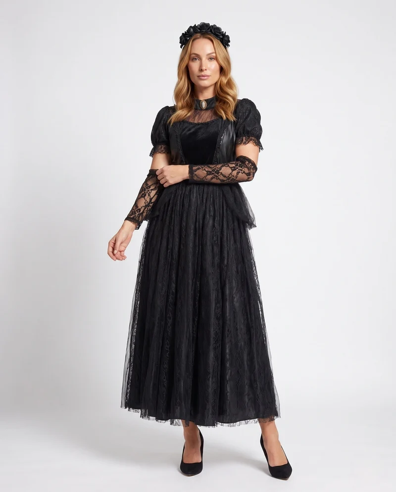 Damen Elegantes Gothic-Kleid mit Spitzen- und Tüllakzenten Nord Taschen