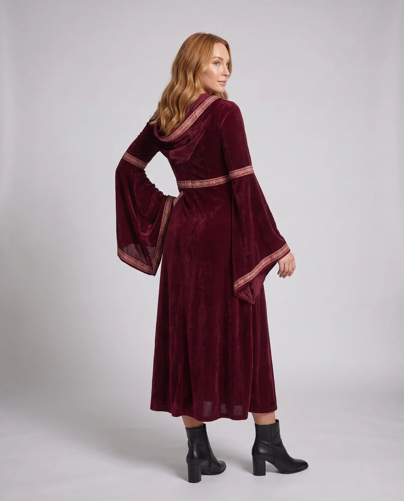 Damen Elegantes Kapuzenkleid mit ausgestellten Ärmeln und Schleifendetails Nord Taschen
