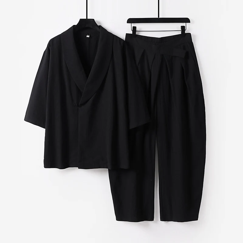 Damen Zweiteiliges Kimono-Loungewear-Set mit Schalkragen Kurzarm-Oberteil und hochtaillierter Plissee-Hose Nord Taschen