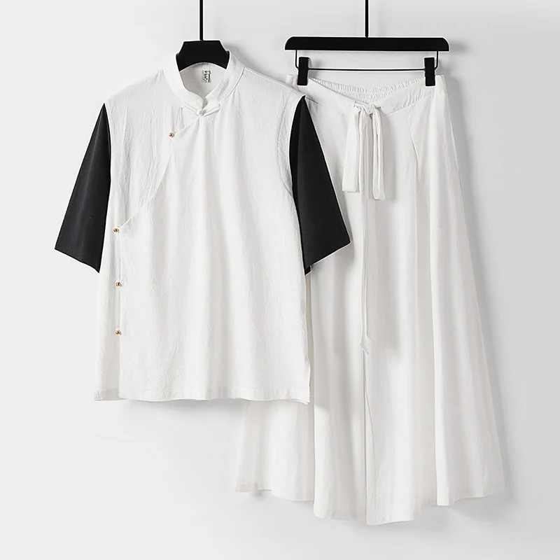 Damen Zweiteiliges Kimono-Loungewear-Set aus Leinenmischung mit Stehkragen asymmetrischer Knopfleiste und weitem Palazzo-Hosenrock Nord Taschen