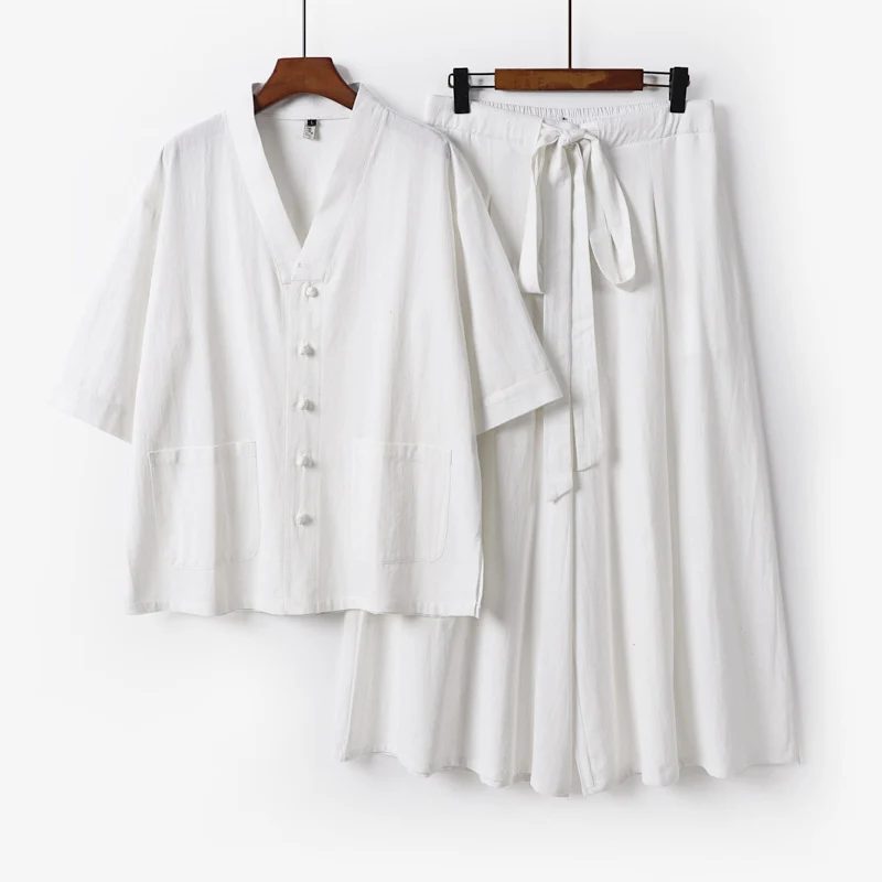Damen Zweiteiliges Kimono-Lounge-Set mit Kurzarm-Knopfjacke, aufgesetzten Taschen und weiten Palazzo-Hosen Nord Taschen