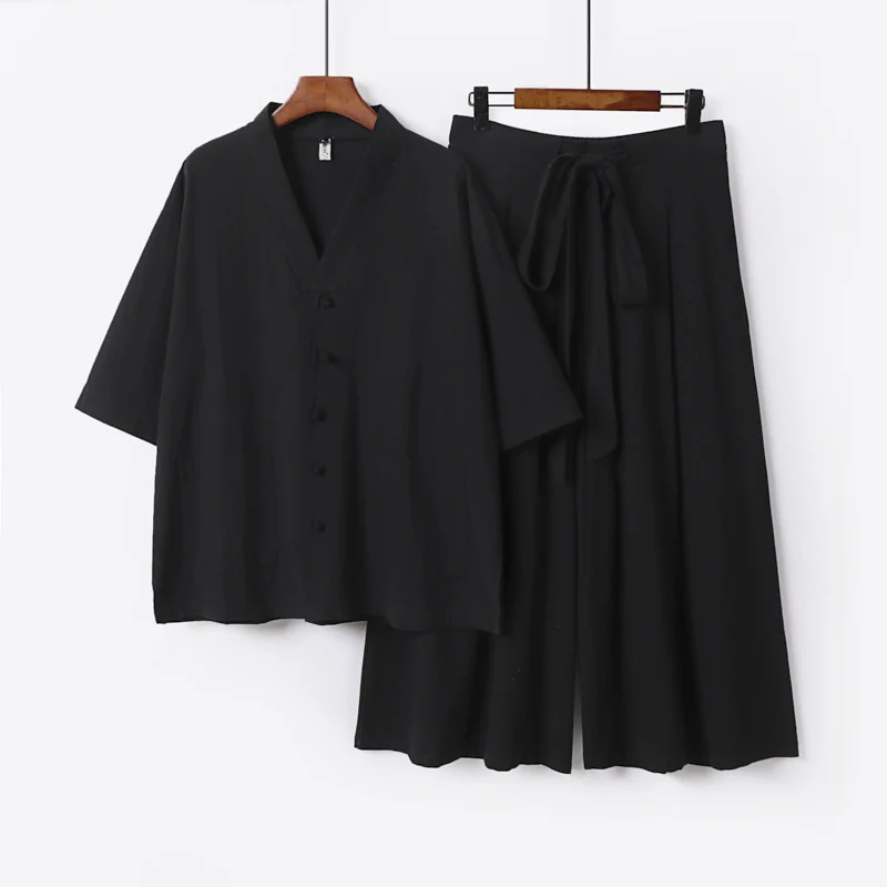 Damen Zweiteiliges Kimono-Lounge-Set mit Kurzarm-Knopfjacke, aufgesetzten Taschen und weiten Palazzo-Hosen Nord Taschen