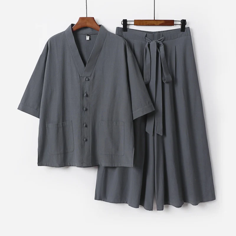 Damen Zweiteiliges Kimono-Lounge-Set mit Kurzarm-Knopfjacke, aufgesetzten Taschen und weiten Palazzo-Hosen Nord Taschen