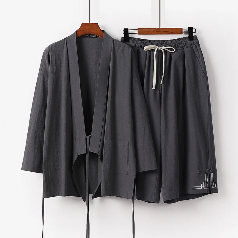 Damen Zen-Kimono-Lounge-Set aus atmungsaktivem Baumwollmix mit Bindebandjacke und weiten Culotte-Hose Nord Taschen