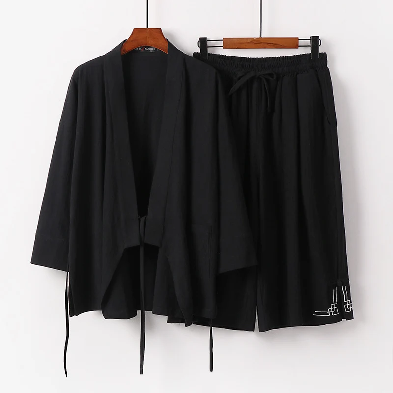 Damen Zen-Kimono-Lounge-Set aus atmungsaktivem Baumwollmix mit Bindebandjacke und weiten Culotte-Hose Nord Taschen