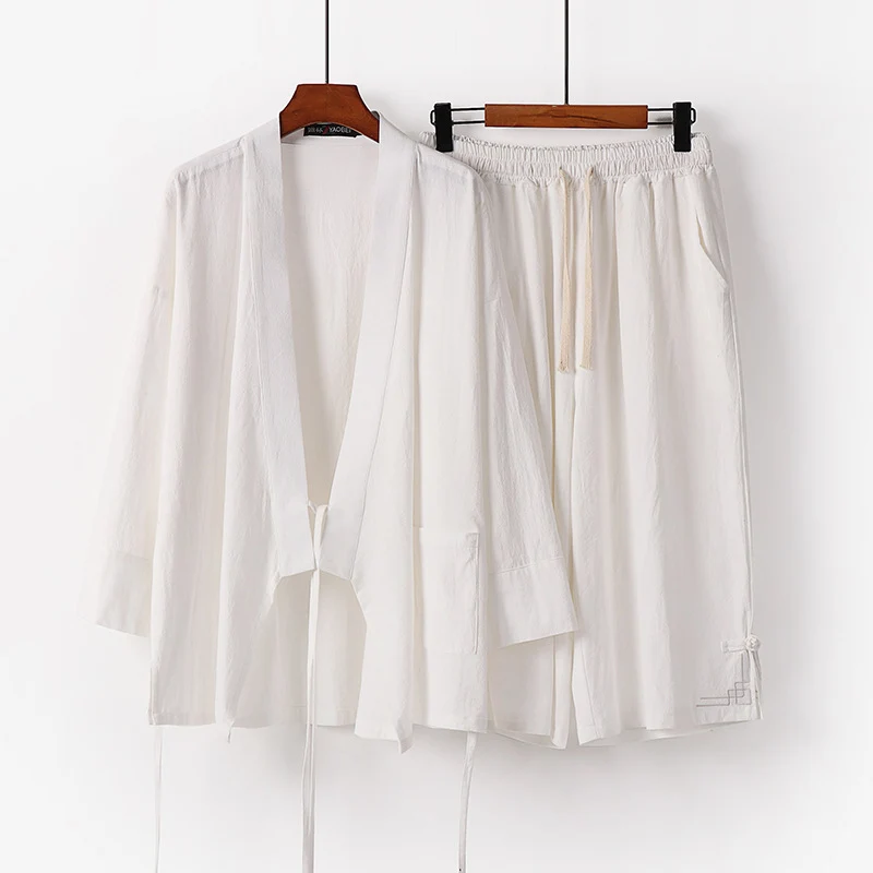 Damen Zen-Kimono-Lounge-Set aus atmungsaktivem Baumwollmix mit Bindebandjacke und weiten Culotte-Hose Nord Taschen