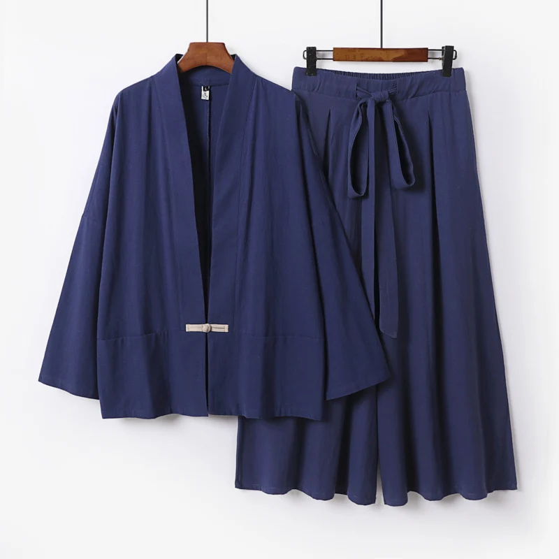 Damen Zen-inspiriertes Kimono-Set aus fließender Viskose mit kurzer Jacke und weiter Culotte-Hose Nord Taschen