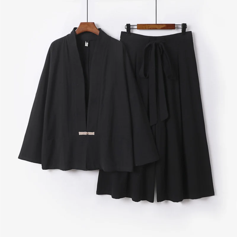 Damen Zen-inspiriertes Kimono-Set aus fließender Viskose mit kurzer Jacke und weiter Culotte-Hose Nord Taschen