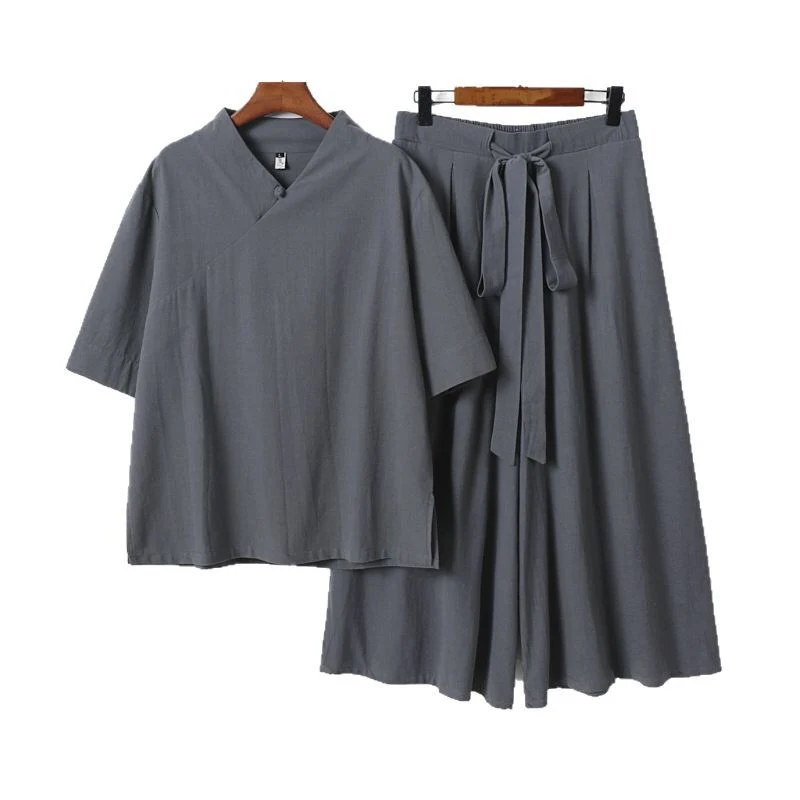Damen Weites Kimono-Loungewear-Set mit V-Ausschnitt und Culotte-Hose Nord Taschen