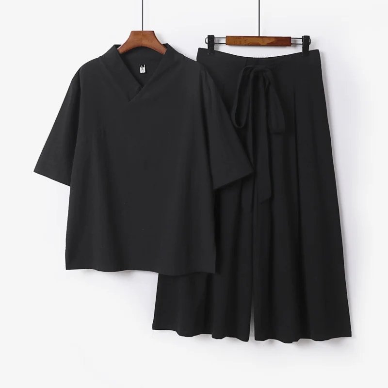 Damen Weites Kimono-Loungewear-Set mit V-Ausschnitt und Culotte-Hose Nord Taschen
