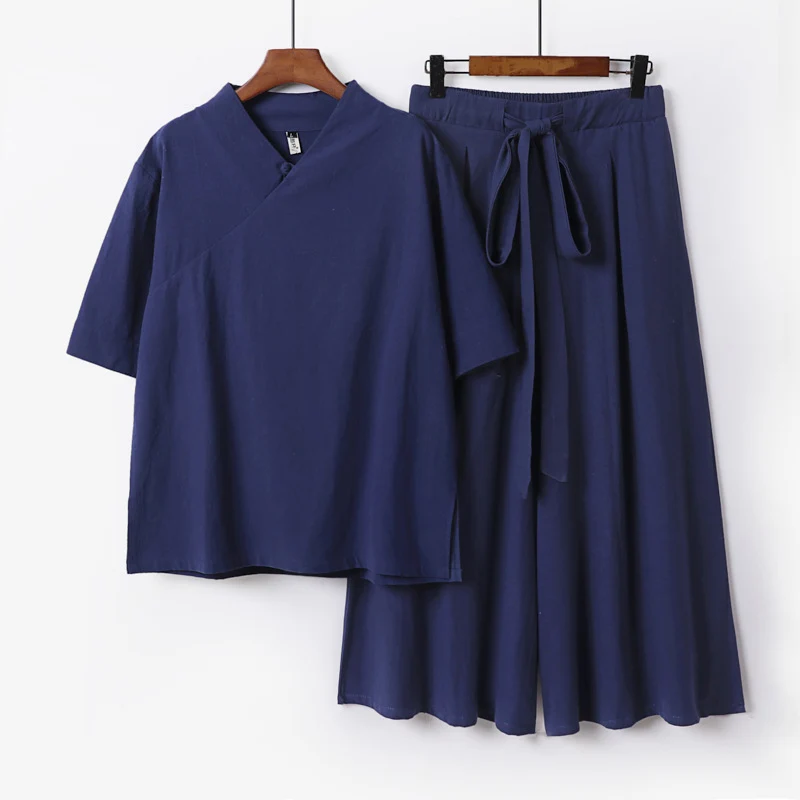 Damen Weites Kimono-Loungewear-Set mit V-Ausschnitt und Culotte-Hose Nord Taschen