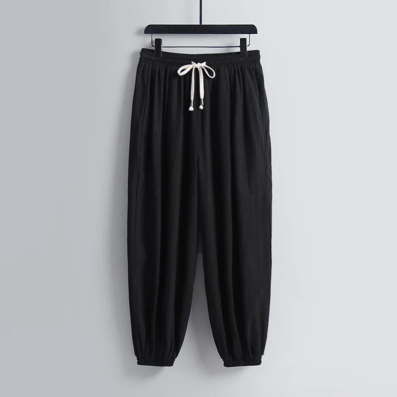 Damen weite Baumwoll-Leinen-Freizeithose mit Kordelzug und elastischen Knöchelbündchen Nord Taschen