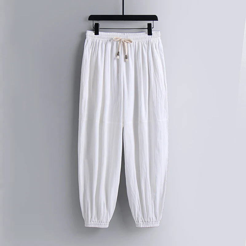 Damen weite Baumwoll-Leinen-Freizeithose mit Kordelzug und elastischen Knöchelbündchen Nord Taschen