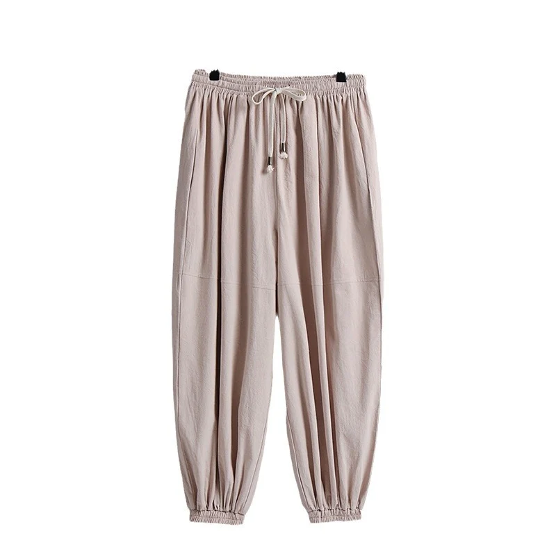 Damen weite Baumwoll-Leinen-Freizeithose mit Kordelzug und elastischen Knöchelbündchen Nord Taschen