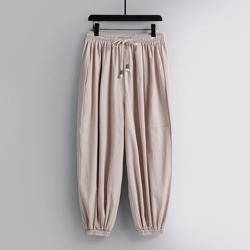 Damen weite Baumwoll-Leinen-Freizeithose mit Kordelzug und elastischen Knöchelbündchen Nord Taschen