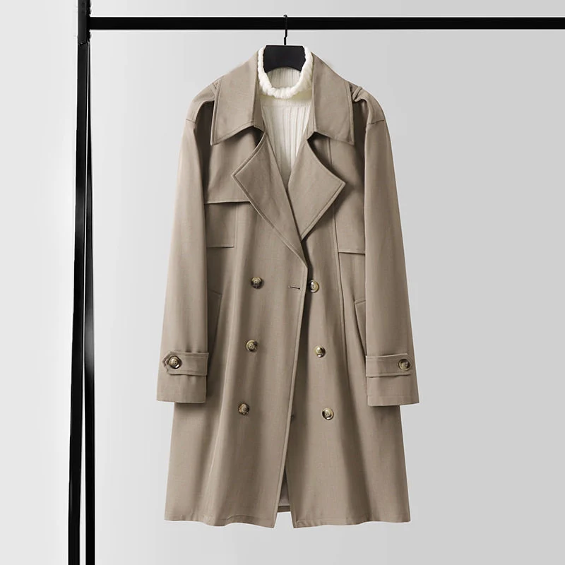 Damen Moderner Kurzmantel im Trench‑Stil mit doppelreihiger Knopfleiste und Epauletten Nord Taschen