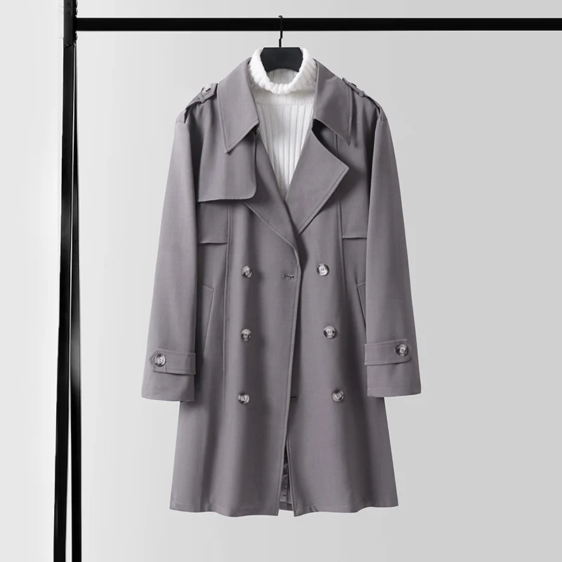 Damen Moderner Kurzmantel im Trench‑Stil mit doppelreihiger Knopfleiste und Epauletten Nord Taschen
