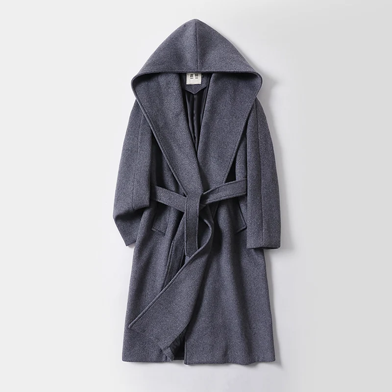Damen Maxilanger Kapuzenmantel aus Wollmix mit Bindegürtel und weichem Innenfutter Nord Taschen