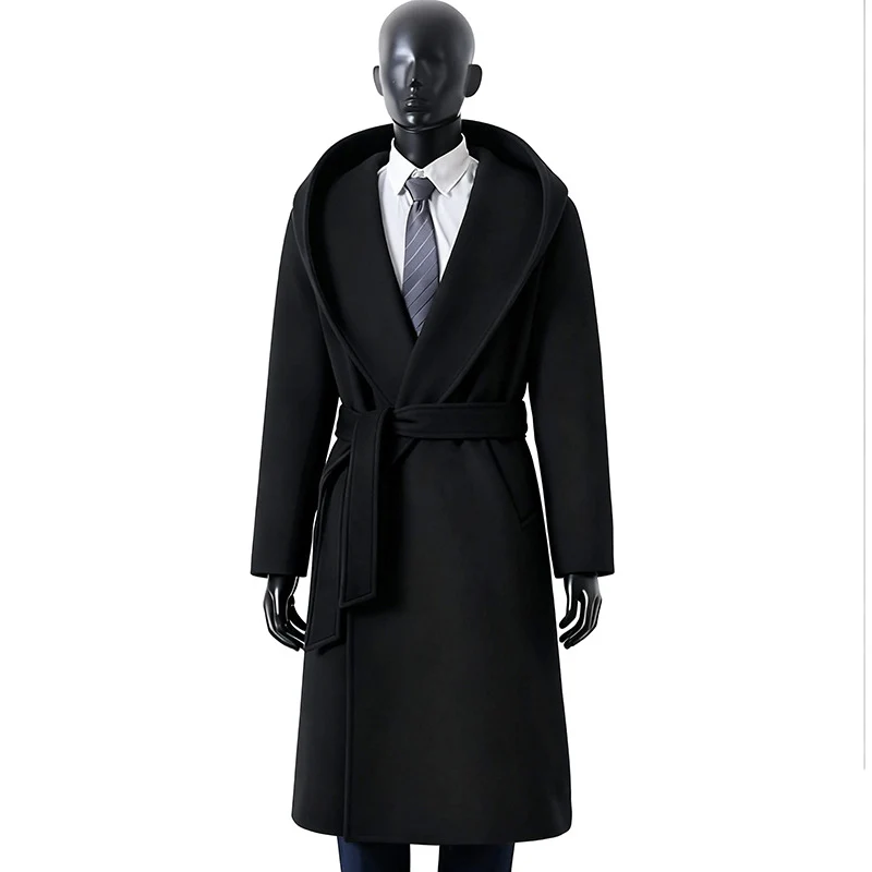Damen Maxilanger Kapuzenmantel aus Wollmix mit Bindegürtel und weichem Innenfutter Nord Taschen